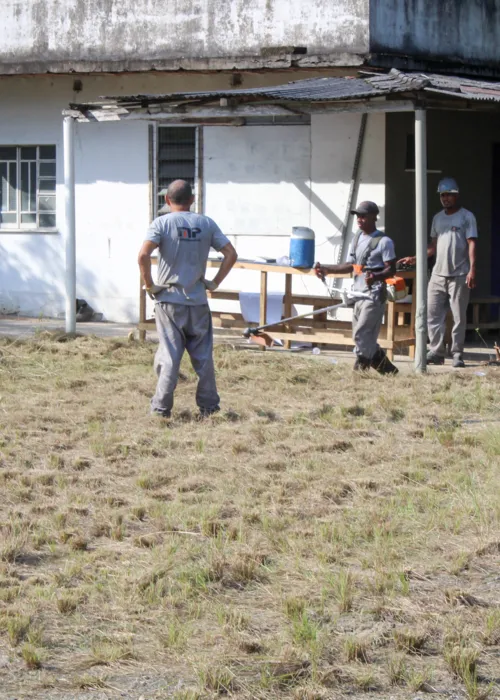 Homens trabalham na capina do terreno onde será construído o terminal