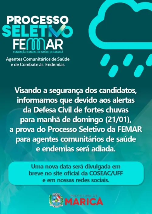 Comunicado da Prefeitura de Maricá confirmando o adiamento das provas