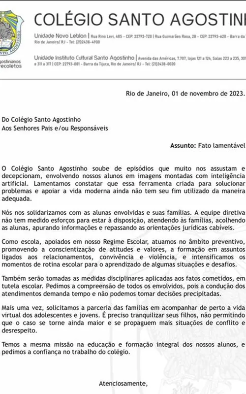 Escola emitiu uma nota sobre o caso