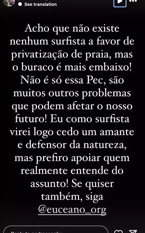 Declaração de Pedro nos stories do Instagram.