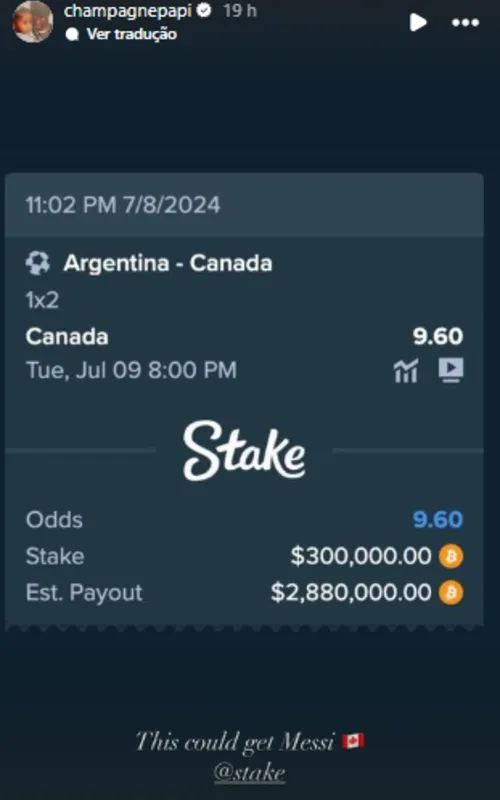 Imagem ilustrativa da imagem Drake aposta mais de R$ 1,5 milhão contra Argentina na Copa América