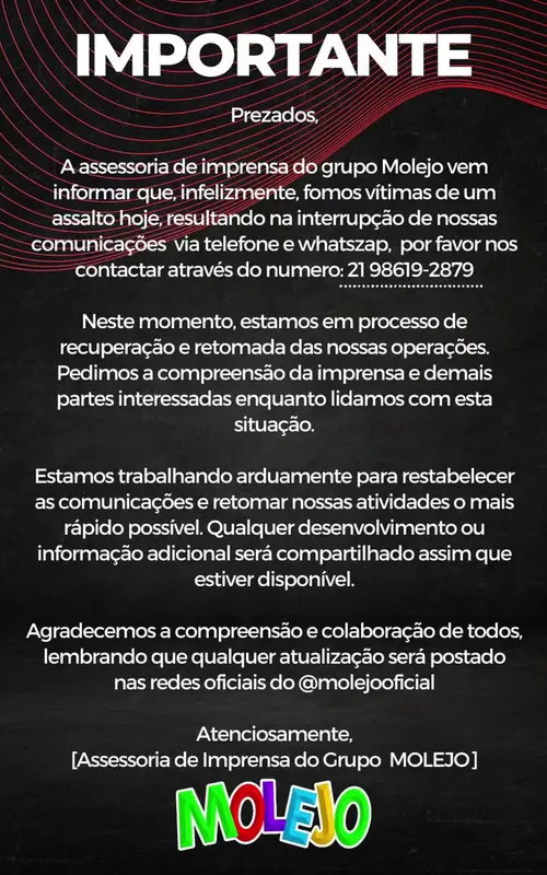 Nota emitida pela equipe do Molejo