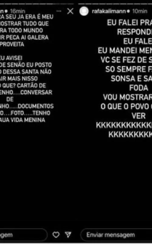 Prints de hacker ameaçando Rafa Kalimann