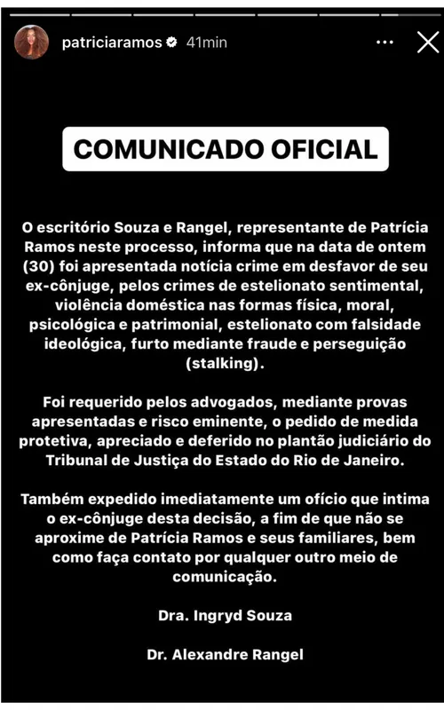 Nota emitida por Patrícia em suas redes sociais