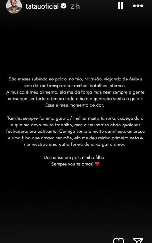 Tatau postou uma mensagem se despedindo da filha