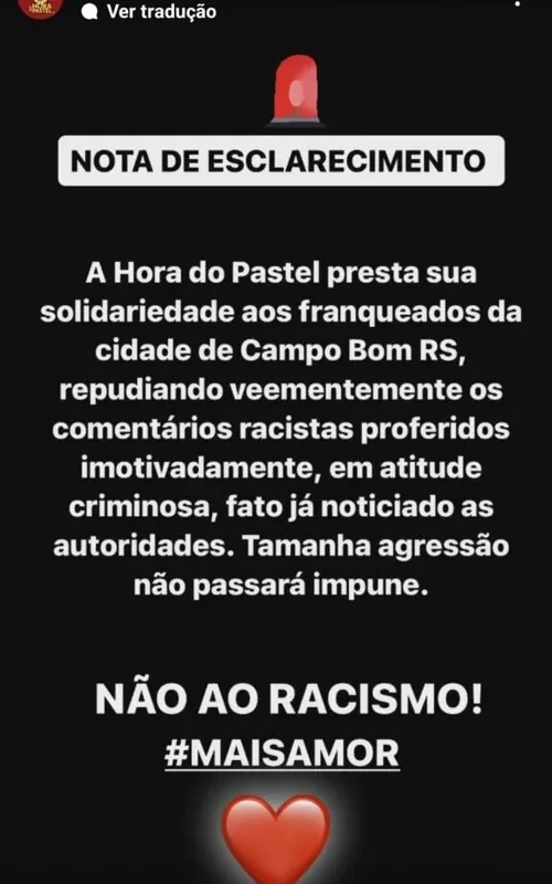 Pastelaria postou uma nota em suas redes sociais