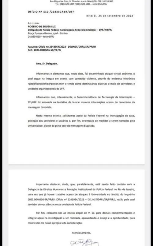 Ofício enviado pela reitoria da UFF à Polícia Federal