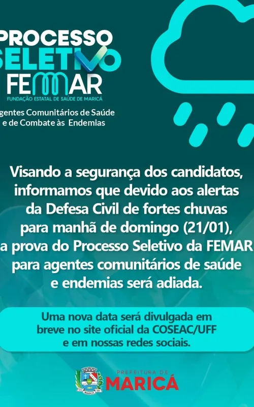 Comunicado da Prefeitura de Maricá confirmando o adiamento das provas