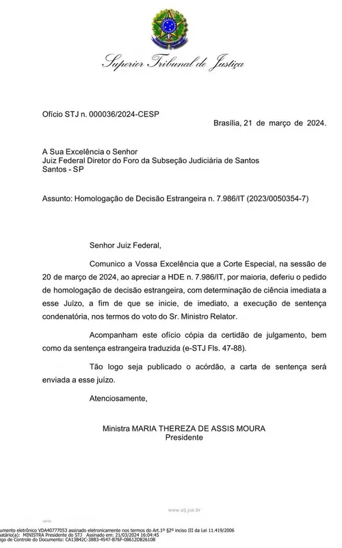Ofício do STF expedindo mandado de prisão contra Robinho