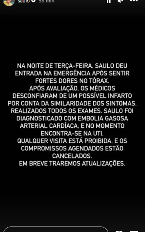 Equipe do cantor comunicou o ocorrido nas redes sociais