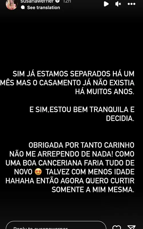 Susana fez a revelação em seu Instagram neste sábado