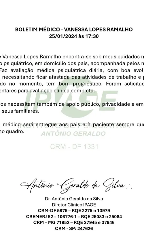 Íntegra do boletim médico divulgado nas redes sociais de Vanessa Lopes