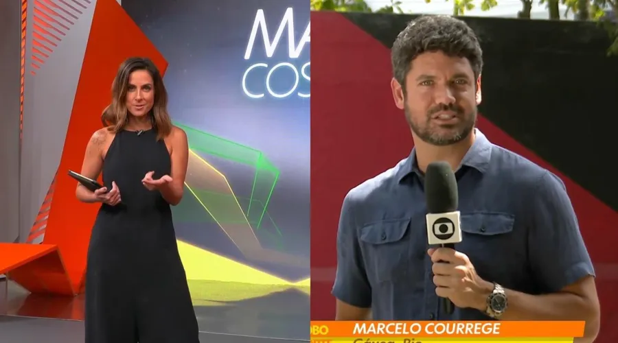 Carol Barcellos e Marcelo Courrege durante participação no programa do Globo Esporte desta quarta-feira