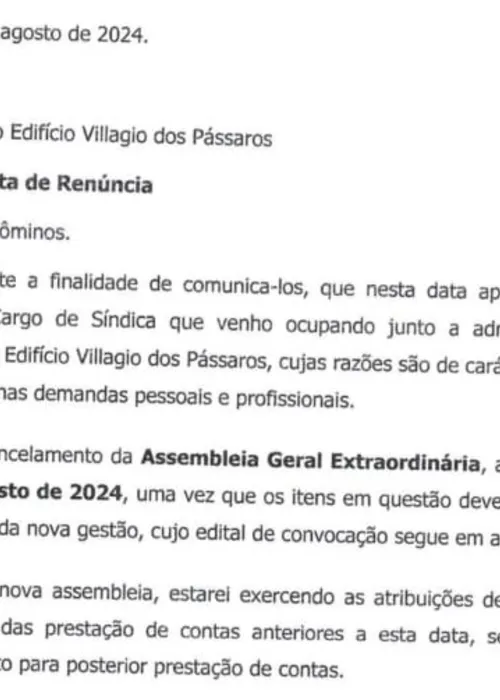 Síndica emitiu comunicado aos condôminos