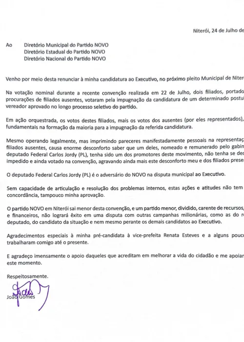 Carta de João Gomes anunciando sua desistência