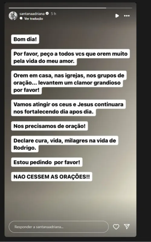 Adriana pede orações para o marido Rodrigão