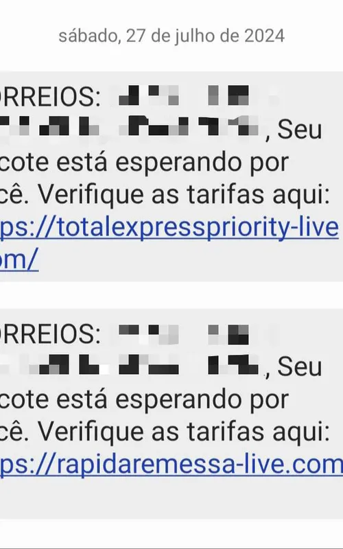 SMS são falsos e solicitam pagamentos de taxas ou tarifas