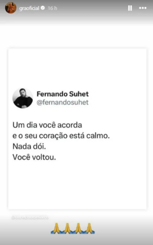 Gracyanne compartilhou sua reflexão em rede social