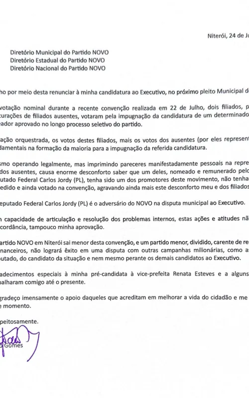 Carta de João Gomes anunciando sua desistência