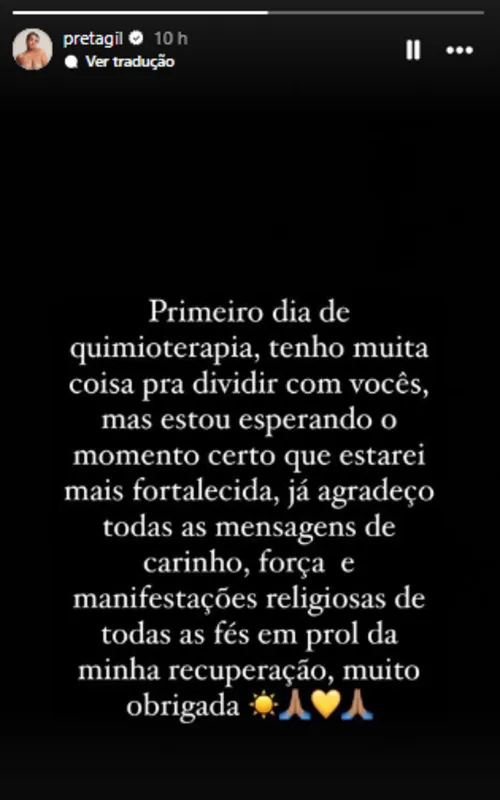 Imagem ilustrativa da imagem Preta Gil retoma sessões de quimioterapia e agradece apoio de fãs