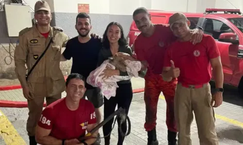 Agentes do Corpo de Bombeiros que participaram do resgate e o casal que adotou o animal