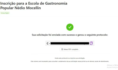 Número de protocolo com a finalização da inscrição para o curso de gastronomia