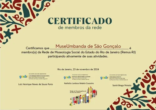 Certificado da Rede de Museologia Social do Rio de Janeiro (Remus-RJ)