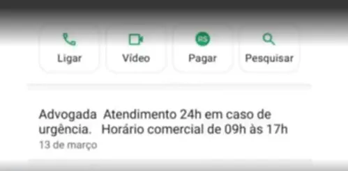 Mensagem na descrição do WhatsApp da falsa advogada