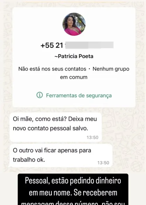 Mensagem do golpista enviada para os contatos da apresentadora