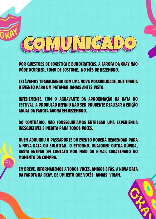 Comunicado compartilhado pelo Instagram do evento