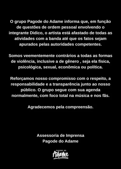 Nota oficial do grupo Pagode do Adame