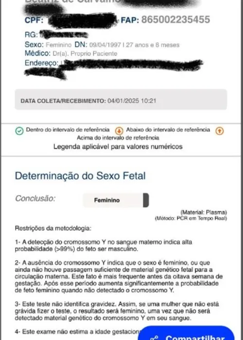 Resultado do exame indicando que o sexo da criança seria feminino