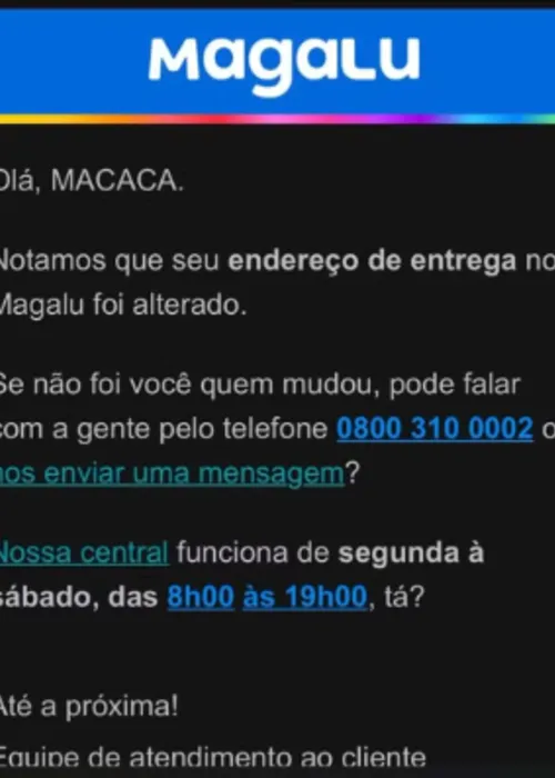 E-mail recebido pela cliente