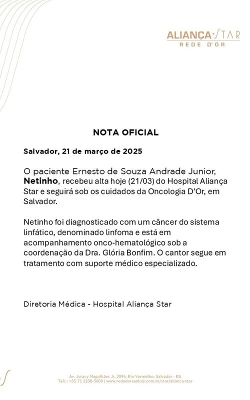 Imagem ilustrativa da imagem Cantor Netinho revela diagnóstico de câncer