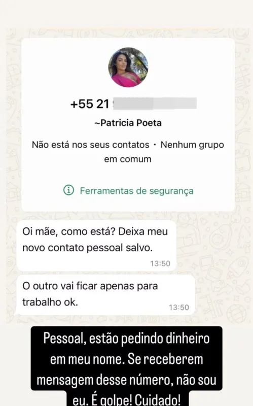 Mensagem do golpista enviada para os contatos da apresentadora