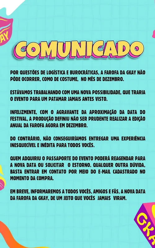 Comunicado compartilhado pelo Instagram do evento