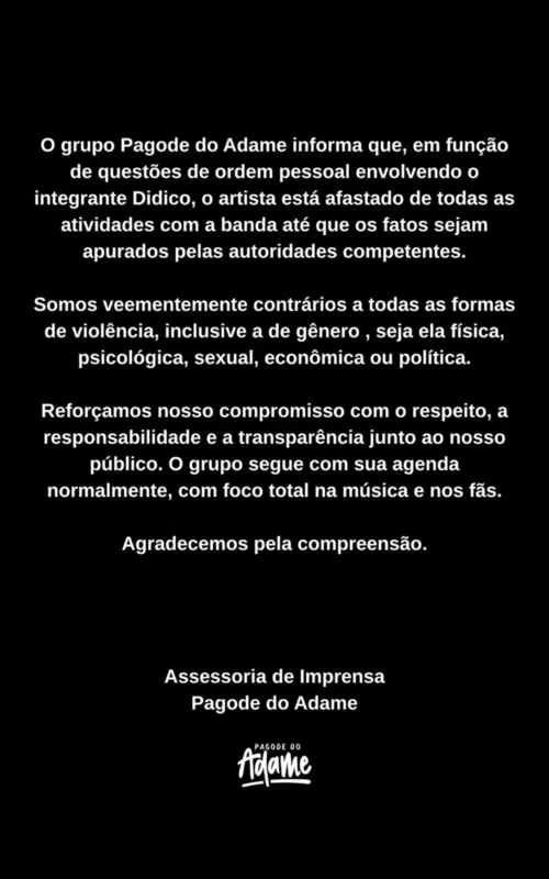 Nota oficial do grupo Pagode do Adame