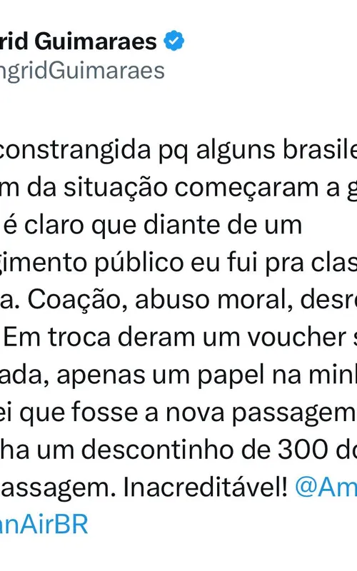 Imagem ilustrativa da imagem Ingrid Guimarães surge revoltada após 'treta' em voo internacional