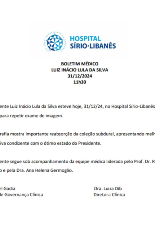 Novo boletim médico foi divulgado nesta terça-feira (31)