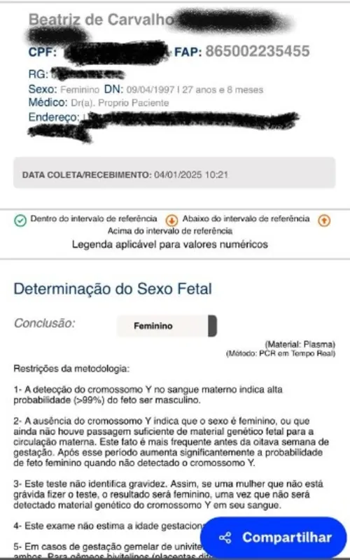 Resultado do exame indicando que o sexo da criança seria feminino