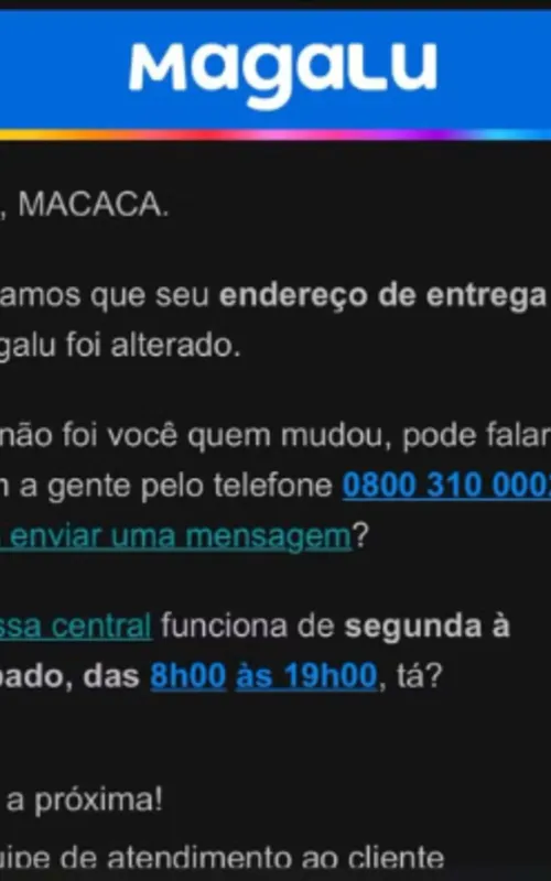 E-mail recebido pela cliente