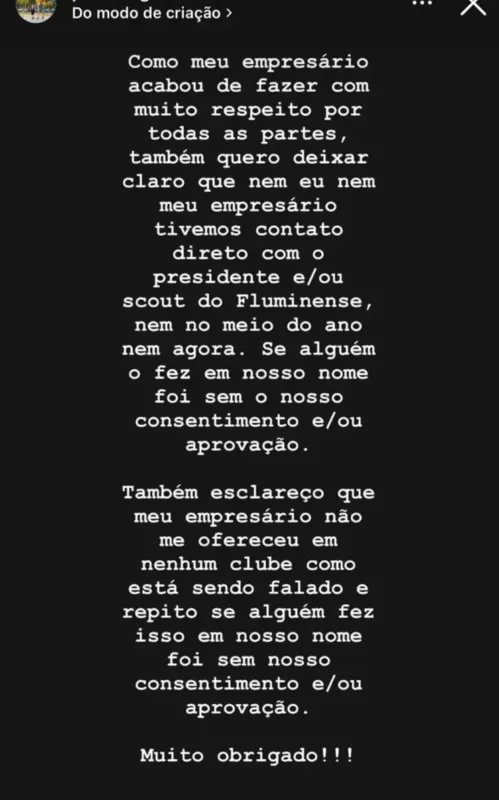 Vegetti postou um esclarecimento em suas redes sociais