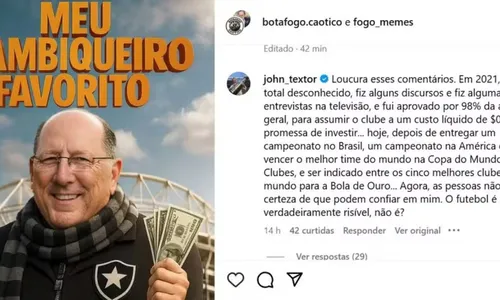 Textor responde torcedor do Botafogo em comentário no Instagram