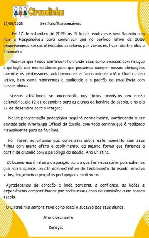 Comunicado da escola Cirandinha informando o encerramento das atividades