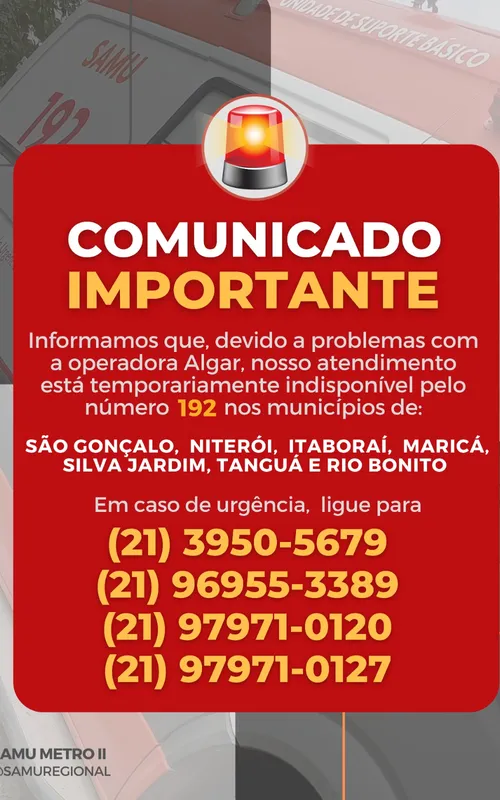 Serviço do Samu 192 fica fora do ar