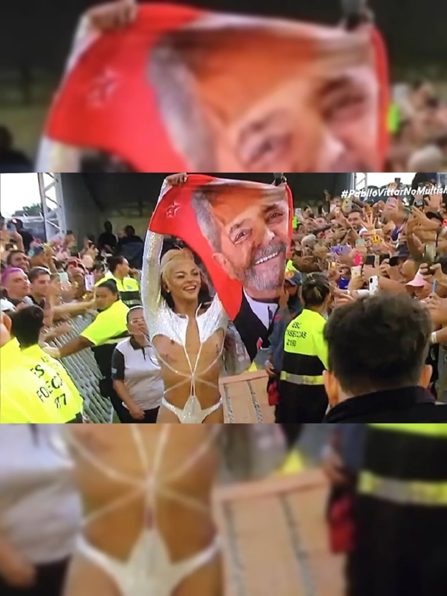 No show realizado nesta sexta-feira, Pabllo entou um coro de "Fora Bolsonaro" e levantou uma bandeira com o rosto do ex-presidente Lula enquanto andava pela passarela do local.