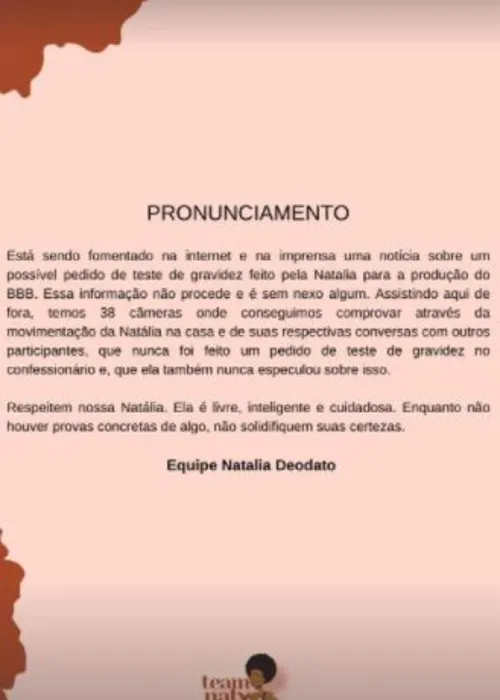 Equipe de Natália usou os stories para se pronunciar.