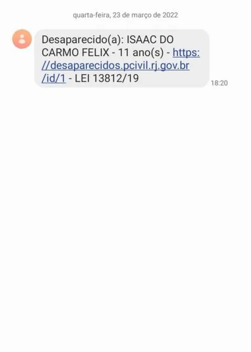 Isaac do Carmo Feliz, de 11 anos, desapareceu no último domingo (20) e foi o primeiro alerta a ser informado.