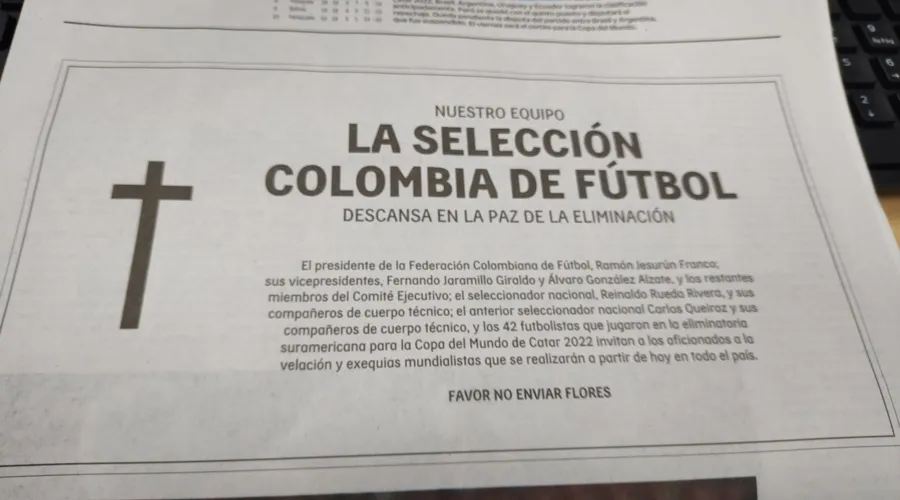 Jornal colombiano noticiou a morte de todos os envolvidos na eliminação da Copa do Mundo