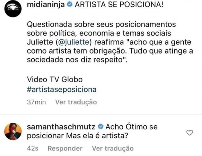 Post da página Midia Ninja e comentário de Samanta Schmütz